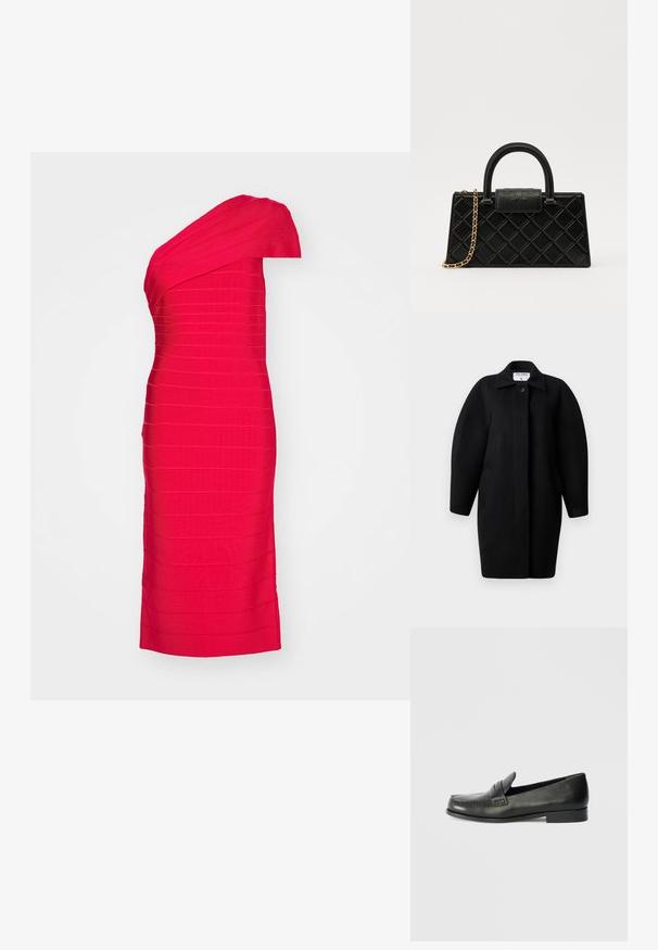 Must Black wool coat with a collared neckline, single-button closure, and rounded shoulders. Features two side pockets and a minimalist design.; Punane ühekõhuline, keha lähedalt liibuv kleit, mis on valmistatud tekstureeritud kangast, esitades horisontaalseid rinde ja põlve pikkusega kujundust. Sile viimistlus koos struktureeritud siluetiga.; Mustad musta nahast loafers, ümara varbaga, väljapaistvate õmblustähtedega ja madala virnastatud kontsaga. Sile tekstuur kerge läikega.; Musthave mustrip, mis tekstureeritud nahast, millel on tehe kumerusmuster, kuldse tooniga ahelrihm ja ülemine käepide, millel on logo reljeefne klapp.