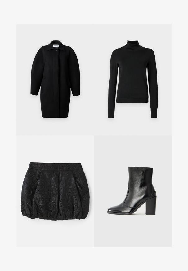 Sorte uldfrakke med krave, enkelt knaplukning og afrundede skuldre. Har to sidelommer og et minimalistisk design.; Sort langærmet turtleneck sweater med ribbede manchetter og kant, vist på en simpel hvid baggrund.; Sort læderskørt med præget blomsterdesign, samlede plisseringer og en glat talje. Har en skjult lynlås bagpå.; Sorte læder ankelstøvler med en glat overflade, spids tå og en chunky høj hæl. Har en sidelukning og minimalistisk design.