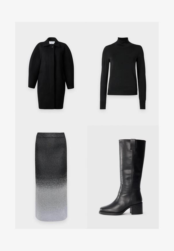 Palton negru din lână, cu guler la gât, închidere cu un singur nasture și umeri rotunjiți. Dispune de două buzunare laterale și un design minimalist.; Pulover negru cu mânecă lungă și guler tip colier, cu manșete și tiv cu elastic, expus pe un fundal alb simplu.; Fustă metalizată cu un design ombré, trecând de la negru în partea de sus la argintiu în partea de jos, având o textură netedă și o formă elegantă.; Cizme negre din piele până la genunchi cu o textură netedă, vârf pătrat, toc bloc și tab pentru tragere pe lateral, având detalii de cusătură minime.