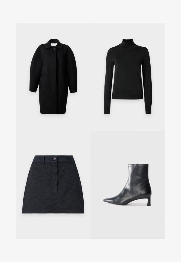 Czarny wełniany płaszcz z kołnierzem, zapięciem na jeden guzik i zaokrąglonymi ramionami. Posiada dwie boczne kieszenie oraz minimalistyczny design.; Czarny sweter z długim rękawem i stojącym kołnierzem, z prążkowanymi mankietami i dołem, zaprezentowany na białym tle.; Czarna spódnica z teksturowanym wzorem, z przodem zapinanym na guziki, dwiema kieszeniami oraz dopasowanym krojem. Wykonana z trwałego materiału.; Czarne skórzane botki sięgające kostki z ostrym noskiem i eleganckim designem. Posiadają niski obcas oraz zamek błyskawiczny z tyłu. Gładka faktura.