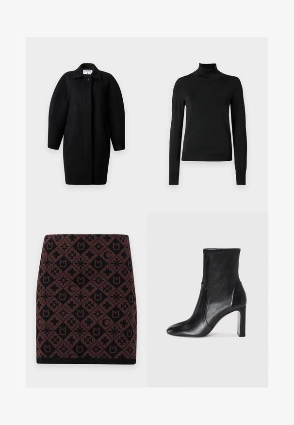 Schwarzer Wollmantel mit Kragen, einreihigem Knopfverschluss und abgerundeten Schultern. Verfügt über zwei Seitentaschen und ein minimalistisches Design.; Schwarzer Langarmrollkragenpullover mit gerippten Bündchen und Saum, auf einem schlichten weißen Hintergrund präsentiert.; Strickrock mit einem geometrischen Muster in Schwarz und Braun, das verschiedene Symbole zeigt, in taillierter Form und mit einem schwarzen Bündchen am Saum.; Schwarze Leder-Stiefelette mit schlankem Design, spitz zulaufender Zehenpartie und hohem Blockabsatz. Verfügt über eine glatte Textur und minimalistische Steppnähte.