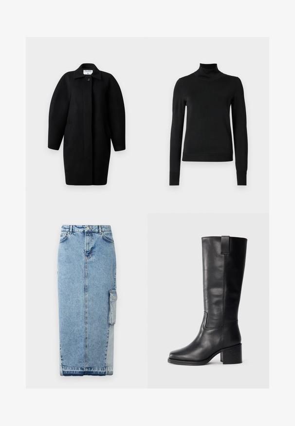 Mustahiilane villakate, millel on kraega kaelus, ühekohaline kinnihoiatus ja ümmargused õlarakmed. Omab kahte küljetaskut ja minimalistlikku disaini.; Musta pitkähihaisen pooloneuleen, jossa on ribbikuvioiset hihansuut ja helma, esitetty yksinkertaisella valkoisella taustalla.; Hame denim vaaleansinisessä sävyssä, suora leikkaus, edessä nappikiinnitys, sivutaskut ja erottuva kontrastivärinen kangaspaneeli.; Mustat nahkasaappaat, jotka ulottuvat polveen, sileällä pinnalla, neliön muotoisella varvalla, tukkipohjalla ja sivussa olevalla vetoketjulla, joissa on vain minimaalista ompelua.