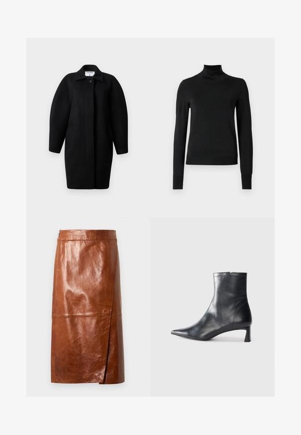 Zwarte wollen jas met een kraagneklijn, sluiting met één knop en ronde schouders. Bevat twee zijzakken en heeft een minimalistisch ontwerp.; Zwarte trui met lange mouwen en col, voorzien van geribde manchetten en zoom, weergegeven op een effen witte achtergrond.; Bruine lederen rok tot de knie met een kleine split aan de voorkant en een fitted tailleband, tentoon gesteld op een effen lichte achtergrond.; Zwarte leren enkellaars met een spitse neus en een slank ontwerp. Heeft een lage hak en een ritssluiting aan de achterkant. Gladde textuur.