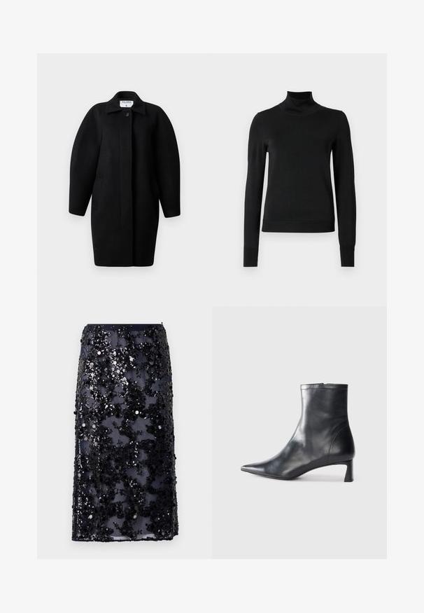 Fekete gyapjú kabát galléros nyakkivágással, egysoros gombos záródással és lekerekített vállakkal. Két oldalsó zsebet és minimalista dizájnt tartalmaz.; Fekete, hosszú ujjú garbós pulóver bordás mandzsettákkal és aljjal, sima fehér háttér előtt bemutatva.; Tengerészkék, átlátszó anyagú ceruzaszoknya, melyet fekete és ezüst flitterek díszítenek virágos mintázattal, egyenes szabással és szegéllyel.; Fekete bőr bokacsizma hegyes orral és letisztult dizájnnal. Alacsony sarka és hátsó cipzáras záródása van. Simának tűnő textúra.