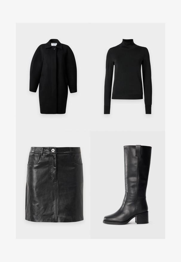 Manteau en laine noire avec un col, fermeture à un bouton et épaules arrondies. Il comprend deux poches latérales et un design minimaliste.; Pull à col roulé noir à manches longues avec des poignets et un ourlet côtelés, présenté sur un fond blanc uni.; WEEKEND MaxMara HULL - Jupe crayon - nero; Bottes en cuir noir montantes, avec une texture lisse, un nez carré, un talon bloc et une languette sur le côté, présentant des coutures minimales.