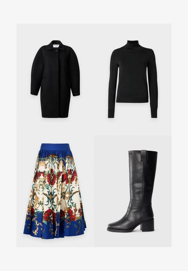 Manteau en laine noire avec un col, fermeture à un bouton et épaules arrondies. Il comprend deux poches latérales et un design minimaliste.; Pull à col roulé noir à manches longues avec des poignets et un ourlet côtelés, présenté sur un fond blanc uni.; Jupe plissée bleu et blanche avec une rose rouge et un motif floral orné doré et vert partout.; Bottes en cuir noir montantes, avec une texture lisse, un nez carré, un talon bloc et une languette sur le côté, présentant des coutures minimales.