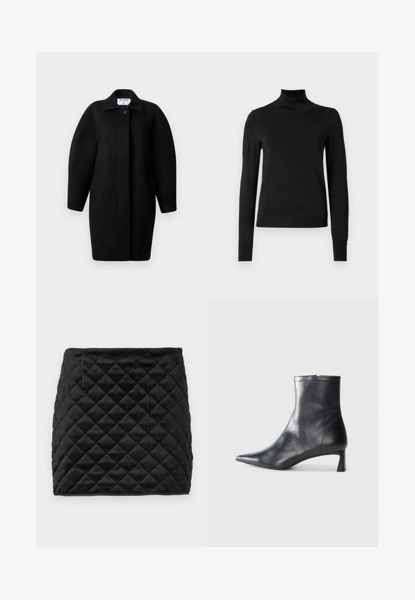 Palton negru din lână, cu guler la gât, închidere cu un singur nasture și umeri rotunjiți. Dispune de două buzunare laterale și un design minimalist.; Pulover negru cu mânecă lungă și guler tip colier, cu manșete și tiv cu elastic, expus pe un fundal alb simplu.; Fustă mini neagră, matlasată, dintr-un material moale, cu un model în romb, croială dreaptă și un buzunar lateral ascuns.; Cizmă de gleznă din piele neagră cu vârf ascuțit și un design elegant. Dispune de un toc mic și de o închidere cu fermoar la spate. Textură netedă.