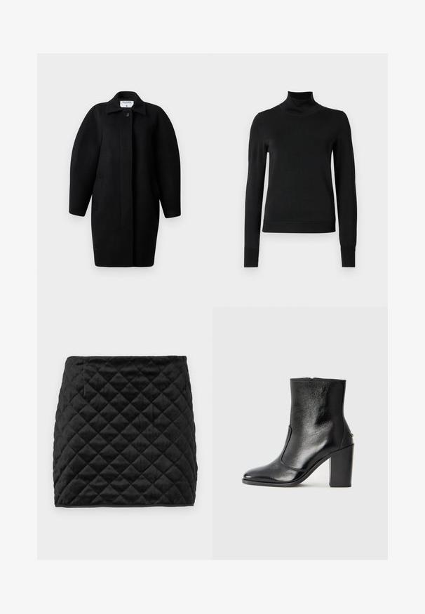 Must Black wool coat with a collared neckline, single-button closure, and rounded shoulders. Features two side pockets and a minimalist design.; Mustmusterta mustaga pikkade varrukatega kõrge kaelusega sviiter, millel on ribakudumisega mansetid ja äär, esitatud lihtsal valgel taustal.; Mustra mustriga mini seelik, mis on valmistatud pehmest kangast, sisaldab teemantmustrit, sirget lõiget ja varjatud küljetaskut.; Must kõvale nahast pahklipsu saapad, millel on sile tekstuur, terav varvas ja paks kõrge kann. Omab külgavatust ja minimalistlikku disaini.