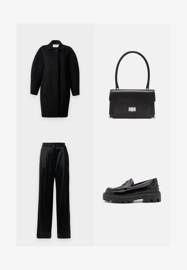 Černý vlněný kabát s límečkem, zapínáním na jeden knoflík a zaoblenými rameny. Má dvě boční kapsy a minimalistický design.; Černý dlouhý rukáv rolák se žebrovanými manžetami a lemem, vystavený na čistě bílém pozadí.; Černé saténové kalhoty s vysokým pasem a rovnými širokými nohavicemi, s poutky na opasek a s plochým předním zapínáním na bílém pozadí.; Černé lakované kožené mokasíny s robustní černou gumovou podrážkou, zdobené páskem přes horní část a detaily prošívání.; Černá kožená kabelka se strukturovaným designem, horním uchopěním a stříbrným zapínáním. Obsahuje rohové akcenty a hladký povrch.
