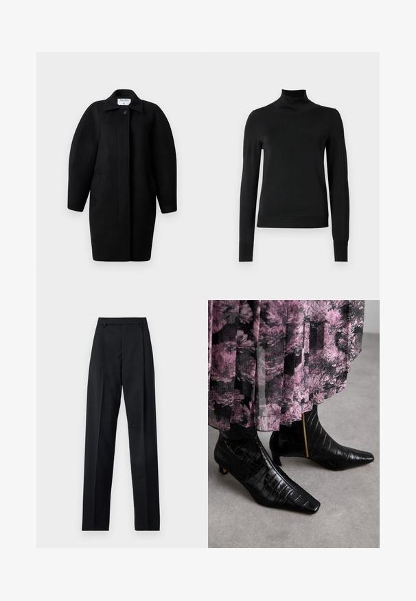 Cappotto di lana nera con collo a camicia, chiusura con un singolo bottone e spalle arrotondate. Presenta due tasche laterali e un design minimalista.; Pullover nero a maniche lunghe con collo alto, rifinito con polsini e orlo a coste, mostrato su uno sfondo bianco semplice.; Pantaloni neri realizzati in tessuto morbido, caratterizzati da vita alta, gambe larghe, pince frontali e classiche passanti per cintura. Non ci sono tasche laterali visibili.; Stivaletti neri in pelle con texture a coccodrillo, punta affusolata e tacco a blocco piccolo; presentano un accento in zip dorata sul lato.