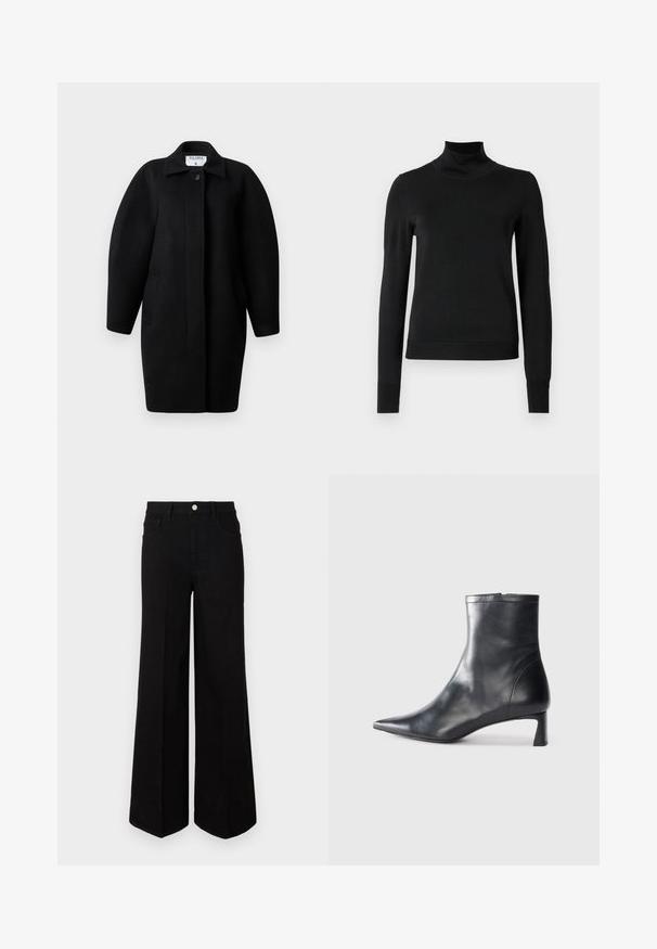 Palton negru din lână, cu guler la gât, închidere cu un singur nasture și umeri rotunjiți. Dispune de două buzunare laterale și un design minimalist.; Pulover negru cu mânecă lungă și guler tip colier, cu manșete și tiv cu elastic, expus pe un fundal alb simplu.; Jeanși negri cu picior larg, fabricați dintr-un material rezistent, având talie înaltă, buzunare frontale și închidere cu nasture în față. Tăietură dreaptă la bază.; Cizmă de gleznă din piele neagră cu vârf ascuțit și un design elegant. Dispune de un toc mic și de o închidere cu fermoar la spate. Textură netedă.