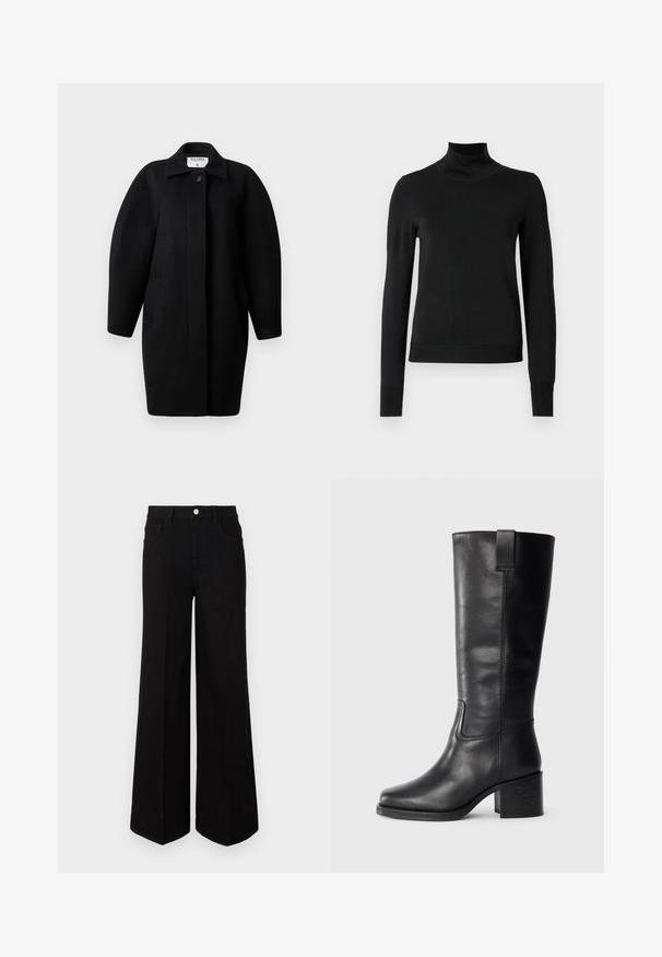 Palton negru din lână, cu guler la gât, închidere cu un singur nasture și umeri rotunjiți. Dispune de două buzunare laterale și un design minimalist.; Pulover negru cu mânecă lungă și guler tip colier, cu manșete și tiv cu elastic, expus pe un fundal alb simplu.; Jeanși negri cu picior larg, fabricați dintr-un material rezistent, având talie înaltă, buzunare frontale și închidere cu nasture în față. Tăietură dreaptă la bază.; Cizme negre din piele până la genunchi cu o textură netedă, vârf pătrat, toc bloc și tab pentru tragere pe lateral, având detalii de cusătură minime.