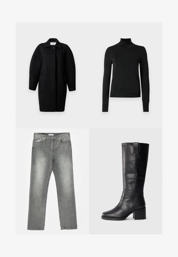 Mustahiilane villakate, millel on kraega kaelus, ühekohaline kinnihoiatus ja ümmargused õlarakmed. Omab kahte küljetaskut ja minimalistlikku disaini.; Musta pitkähihaisen pooloneuleen, jossa on ribbikuvioiset hihansuut ja helma, esitetty yksinkertaisella valkoisella taustalla.; RE/DONE EASY - Straight leg -farkut - grigio; Mustat nahkasaappaat, jotka ulottuvat polveen, sileällä pinnalla, neliön muotoisella varvalla, tukkipohjalla ja sivussa olevalla vetoketjulla, joissa on vain minimaalista ompelua.
