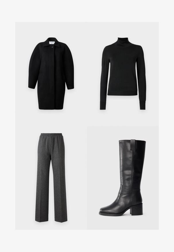 Zwarte wollen jas met een kraagneklijn, sluiting met één knop en ronde schouders. Bevat twee zijzakken en heeft een minimalistisch ontwerp.; Zwarte trui met lange mouwen en col, voorzien van geribde manchetten en zoom, weergegeven op een effen witte achtergrond.; Grijze textuur brede broek met een elastische tailleband, met een subtiel herringbone patroon. Zachte stof met een losse pasvorm.; Zwarte leren kniehoge laarzen met een gladde textuur, vierkante neus, blokhak en zijhandvat, met minimale stikseldetails.