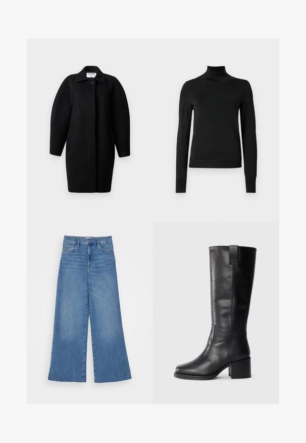 Fekete gyapjú kabát galléros nyakkivágással, egysoros gombos záródással és lekerekített vállakkal. Két oldalsó zsebet és minimalista dizájnt tartalmaz.; Fekete, hosszú ujjú garbós pulóver bordás mandzsettákkal és aljjal, sima fehér háttér előtt bemutatva.; FRAME PALAZZO RAW FRAY - Széles szárú - clearwater; Fekete bőr, térd fölé érő csizmák sima textúrával, négyzetes orral, tömbsarkúval és oldalsó húzófüllel, minimális varrási részletekkel.