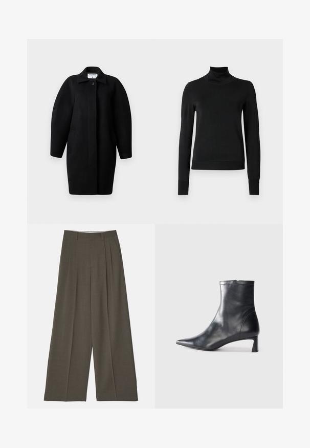 Black wool coat with a collared neckline, single-button closure, and rounded shoulders. Features two side pockets and a minimalist design.; Black long-sleeve turtleneck sweater with ribbed cuffs and hem, displayed on a plain white background.; Wide-leg trousers in dark olive green fabric, featuring front pleats, a flat waistband, and a smooth texture. No visible pockets or detailing.; Black leather ankle boot with a pointed toe and a sleek design. Features a low heel and a zipper closure at the back. Smooth texture.