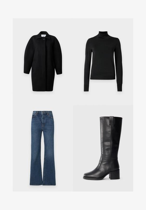 Must Black wool coat with a collared neckline, single-button closure, and rounded shoulders. Features two side pockets and a minimalist design.; Mustmusterta mustaga pikkade varrukatega kõrge kaelusega sviiter, millel on ribakudumisega mansetid ja äär, esitatud lihtsal valgel taustal.; Laiad lõikega sinised teksapüksid, millel on kõrge vöökoht, viie taskuga disain ja kerge pleekimine kangal, mis lisab tekstuuri ja sügavust.; Musthave mustad nahktoodete bikiinibootid, millel on sile pind, ruudukujuline varvas, plokk-kand ja külgmine tõmbeaas, minimaalse õmblusega detailid.