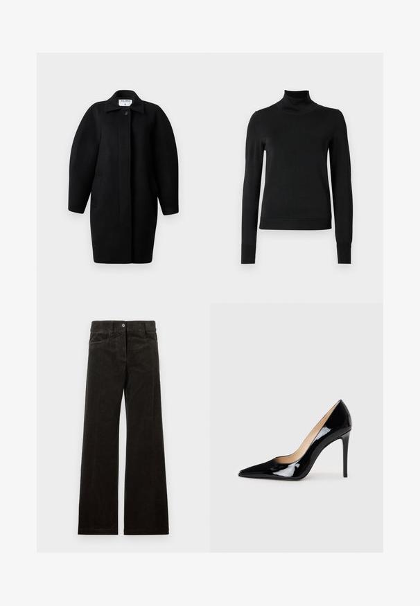 Zwarte wollen jas met een kraagneklijn, sluiting met één knop en ronde schouders. Bevat twee zijzakken en heeft een minimalistisch ontwerp.; Zwarte trui met lange mouwen en col, voorzien van geribde manchetten en zoom, weergegeven op een effen witte achtergrond.; Zwarte corduroy wijde broek met voorzakken, een knoopsluiting en verticale ribbels. Glad materiaal met een subtiele glans.; Zwarte lakleren hoge hakpumps met een puntige neus en een slanke silhouet. Heeft een gladde, glanzende afwerking en een slanke stilettohak.