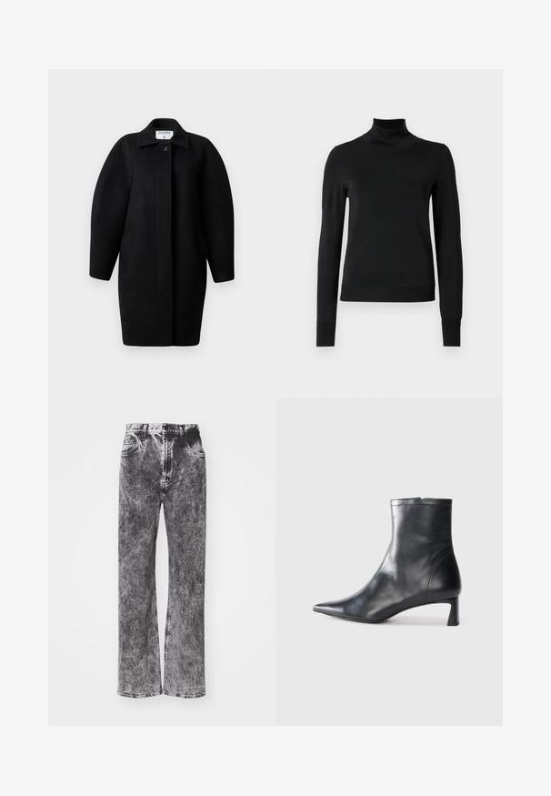 Melnas vilnas mētelis ar apkakles dekoltē, vienu pogu aizdari un noapaļotām plecu līnijām. Satur divas sānu kabatas un minimālistisku dizainu.; Melnas garām piedurknēm turtlenecks džemperis ar ribotām aprocēm un apakšmali, attēlots uz vienkārša balta fona.; Augstā jostasvietā, plata kāju džinsi melnā un pelēkā izbalējušā tonī, ar piecām kabatām un kontrastējošu dūrienu gar apakšmalu.; Melnas ādas potītes zābaki ar norādītu pirkstu un elegantu dizainu. Iezīmē zemu papēdi un rāvējslēdzēja aizdari aizmugurē. Gluda tekstūra.