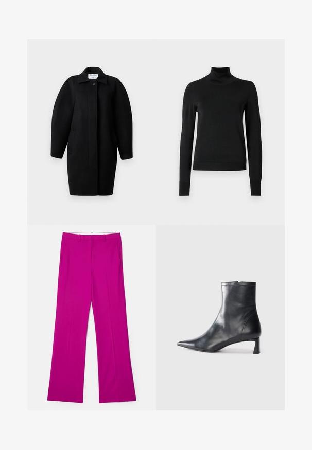 Black wool coat with a collared neckline, single-button closure, and rounded shoulders. Features two side pockets and a minimalist design.; Black long-sleeve turtleneck sweater with ribbed cuffs and hem, displayed on a plain white background.; Fuchsia wide-leg trousers with a smooth texture, featuring front pockets and a tailored design for a structured appearance.; Black leather ankle boot with a pointed toe and a sleek design. Features a low heel and a zipper closure at the back. Smooth texture.