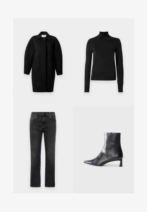 Fekete gyapjú kabát galléros nyakkivágással, egysoros gombos záródással és lekerekített vállakkal. Két oldalsó zsebet és minimalista dizájnt tartalmaz.; Fekete, hosszú ujjú garbós pulóver bordás mandzsettákkal és aljjal, sima fehér háttér előtt bemutatva.; Férfi egyenes lábú, fekete, kopott farmernadrág elülső gombbal és öt zsebes kialakítással, sima fehér háttéren.; Fekete bőr bokacsizma hegyes orral és letisztult dizájnnal. Alacsony sarka és hátsó cipzáras záródása van. Simának tűnő textúra.