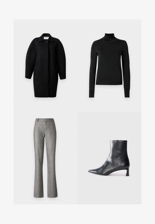 Črn volnen plašč z ovratnikom, zapiranjem na en gumb in zaobljenimi rameni. Ima dve stranski žepi in minimalističen dizajn.; Črni pulover s dolgimi rokavi in vratnikom, z rebrastimi манжетами in robom, prikazan na enobarvni beli podlagi.; Sive flared hlače iz teksturiranega materiala z diskretno vzorcem. Imajo sprednje zapiranje, zanke za pas in kroj, prilagojen postavi.; Črne usnjene gležnjarje s šiljastim nosom in elegantnim dizajnom. Imajo nizko peto in zadrgo na zadnji strani. Gladka tekstura.