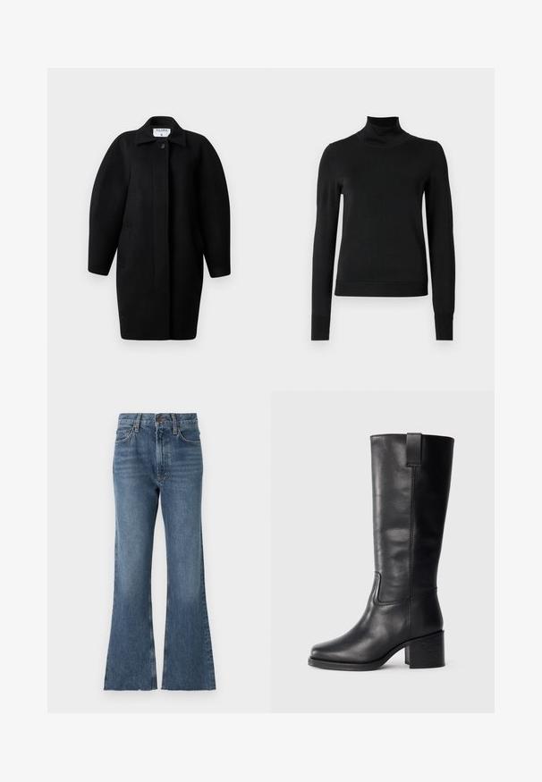 Zwarte wollen jas met een kraagneklijn, sluiting met één knop en ronde schouders. Bevat twee zijzakken en heeft een minimalistisch ontwerp.; Zwarte trui met lange mouwen en col, voorzien van geribde manchetten en zoom, weergegeven op een effen witte achtergrond.; Denim flared jeans in medium blue wash met een hoge taille, voorzien van traditionele vijf-pocket stijl en een gescheurde zoom aan de onderkant.; Zwarte leren kniehoge laarzen met een gladde textuur, vierkante neus, blokhak en zijhandvat, met minimale stikseldetails.