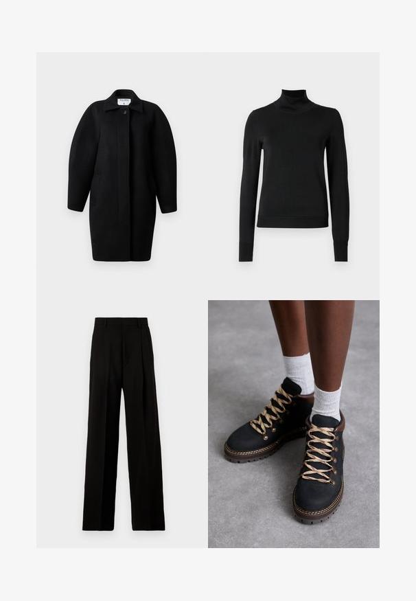 Zwarte wollen jas met een kraagneklijn, sluiting met één knop en ronde schouders. Bevat twee zijzakken en heeft een minimalistisch ontwerp.; Zwarte trui met lange mouwen en col, voorzien van geribde manchetten en zoom, weergegeven op een effen witte achtergrond.; Zwarte wijde broek van gladde stof, met een hoge taille, plooien aan de voorkant en een schone, op maat gemaakte uitstraling zonder versieringen.; Zwarte suède wandelschoenen met beige en rode veters, metalen oogjes en bruine accenten. Gelaagde zool met zichtbare looppatronen.
