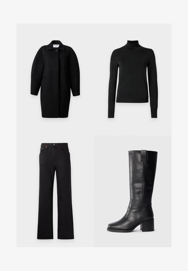 Juodas vilnonis paltas su apykakle, vieno mygtuko užsegimu ir apvaliais pečiais. Yra du šoniniai kišeniai ir minimalistinis dizainas.; Juoda ilgomis rankovėmis turtleneko tipo megztinis su rebruotomis rankovėmis ir apačia, eksponuojamas ant paprasto balto fono.; Aukštos liemens juodi džinsai su išsiplėtusiais vaikais, pasižymintys matoma siūle, penkių kišenių dizainu ir vario spalvos akcentais.; Juodos odinės iki kelių siekiančios botai su lygiu paviršiumi, kvadratiniu pirštu, storu kulnu ir šoniniu kilputė, su minimaliais siuvimo akcentais.