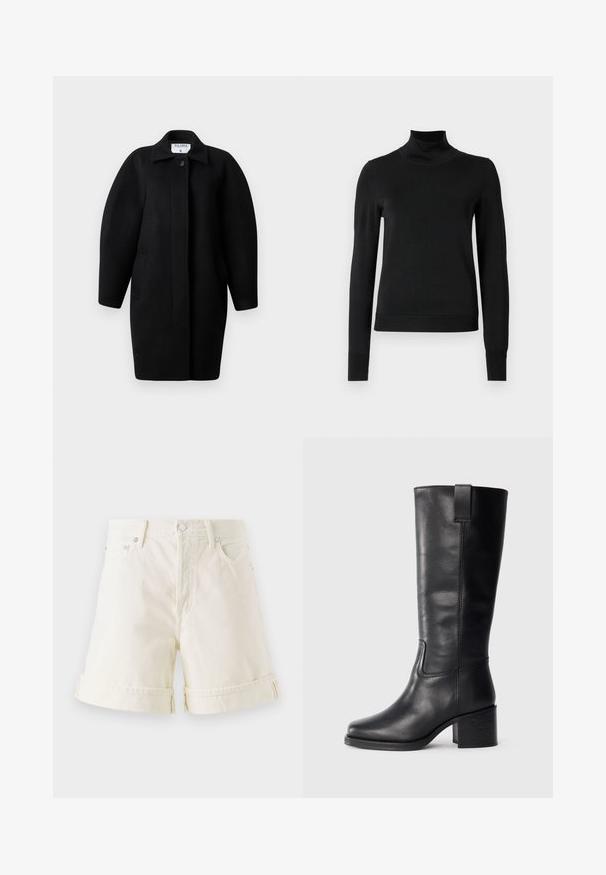 Czarny wełniany płaszcz z kołnierzem, zapięciem na jeden guzik i zaokrąglonymi ramionami. Posiada dwie boczne kieszenie oraz minimalistyczny design.; Czarny sweter z długim rękawem i stojącym kołnierzem, z prążkowanymi mankietami i dołem, zaprezentowany na białym tle.; Jasne kremowe szorty dżinsowe o prostym kroju, z podwiniętymi mankietami i klasycznym pięciopocketowym wzorem. Oferują srebrne metalowe elementy.; Czarne skórzane botki do kolan o gładkiej fakturze, kwadratowym nosku, słupku oraz bocznym uchwycie, z minimalistycznymi detalami w postaci szwów.