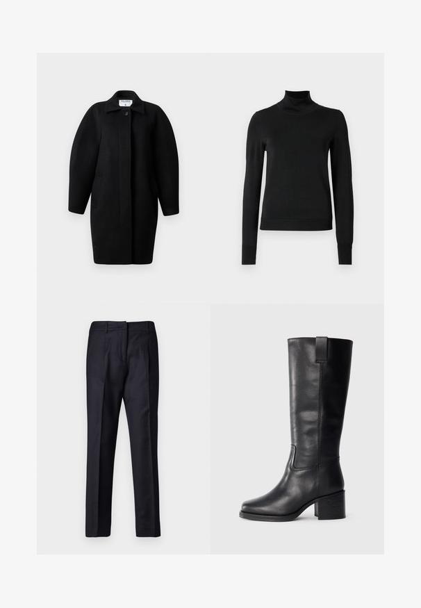 Must Black wool coat with a collared neckline, single-button closure, and rounded shoulders. Features two side pockets and a minimalist design.; Mustmusterta mustaga pikkade varrukatega kõrge kaelusega sviiter, millel on ribakudumisega mansetid ja äär, esitatud lihtsal valgel taustal.; Meresinine kohandatud püksid sujuva tekstuuriga, lamedate eest, kahekordsete plekkide ja vöölõngadega. Sirged jalad, lõpetatud äär.; Musthave mustad nahktoodete bikiinibootid, millel on sile pind, ruudukujuline varvas, plokk-kand ja külgmine tõmbeaas, minimaalse õmblusega detailid.