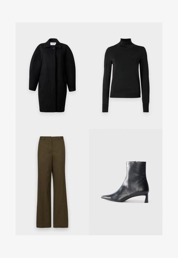 Zwarte wollen jas met een kraagneklijn, sluiting met één knop en ronde schouders. Bevat twee zijzakken en heeft een minimalistisch ontwerp.; Zwarte trui met lange mouwen en col, voorzien van geribde manchetten en zoom, weergegeven op een effen witte achtergrond.; Olijfgroene, wijde broeken gemaakt van een katoenmix. Voorzien van een sluiting met knoop aan de voorkant, riemlussen en twee zijzakken.; Zwarte leren enkellaars met een spitse neus en een slank ontwerp. Heeft een lage hak en een ritssluiting aan de achterkant. Gladde textuur.