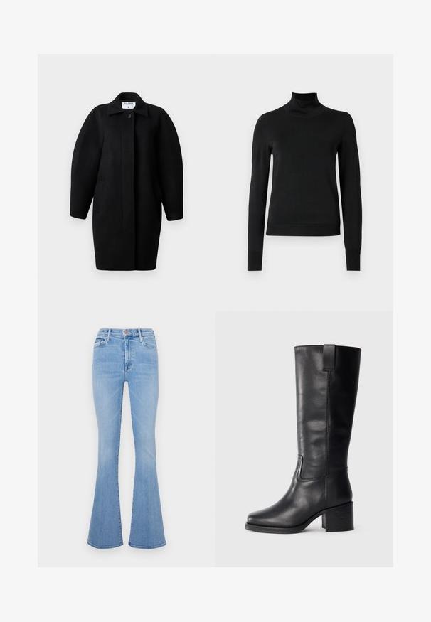 Palton negru din lână, cu guler la gât, închidere cu un singur nasture și umeri rotunjiți. Dispune de două buzunare laterale și un design minimalist.; Pulover negru cu mânecă lungă și guler tip colier, cu manșete și tiv cu elastic, expus pe un fundal alb simplu.; Jeans flared de culoare albastru deschis, cu talie înaltă, realizate dintr-un material denim, având buzunare frontale și o textură ușor decolorată.; Cizme negre din piele până la genunchi cu o textură netedă, vârf pătrat, toc bloc și tab pentru tragere pe lateral, având detalii de cusătură minime.