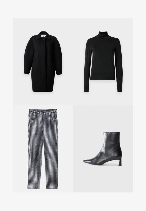 Čierny vlnený kabát s golierovým výstrihom, zapínaním na jeden gombík a zaoblenými plecami. Obsahuje dve bočné vrecká a minimalistický dizajn.; Čierny dlhý rukáv rolák s rebrovanými manžetami a lemom, zobrazený na čistej bielej pozadí.; Nohavice s vzorom houndstooth, obsahujúcim kombináciu čiernej, bielej a šedej farby. Navrhnuté s priliehavým strihom a prednými vreckami.; Čierne kožené členkové topánky s špicatou špičkou a elegantným dizajnom. Majú nízky podpätok a zips na zadnej strane. Hladká textúra.