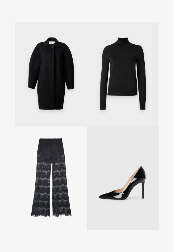 Juodas vilnonis paltas su apykakle, vieno mygtuko užsegimu ir apvaliais pečiais. Yra du šoniniai kišeniai ir minimalistinis dizainas.; Juoda ilgomis rankovėmis turtleneko tipo megztinis su rebruotomis rankovėmis ir apačia, eksponuojamas ant paprasto balto fono.; Juodos nėriniais platėjančios kelnės, su raštuotu dizainu, kuriame yra gėlių motyvai ir banguoti kraštai, pasižyminčios permatomu tekstūra visame paviršiuje.; Juodas lakinės odos aukštakulnis batelis su smailiu priekiu ir elegantiška siluetu. Pasižymi lygiu, blizgiu paviršiumi ir siauru stiletto kulnu.