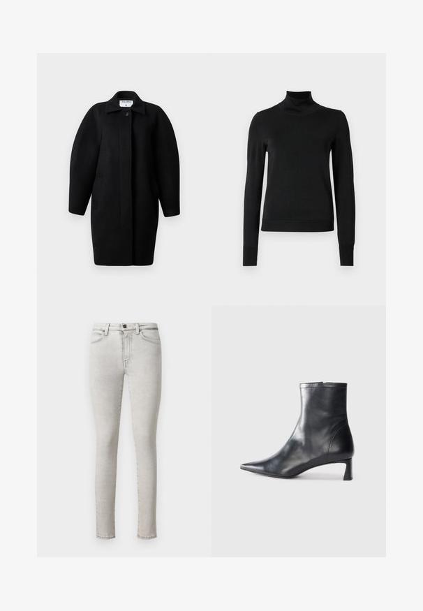 Fekete gyapjú kabát galléros nyakkivágással, egysoros gombos záródással és lekerekített vállakkal. Két oldalsó zsebet és minimalista dizájnt tartalmaz.; Fekete, hosszú ujjú garbós pulóver bordás mandzsettákkal és aljjal, sima fehér háttér előtt bemutatva.; Világosszürke skinny farmernadrág közepes magas derekú fazonnal, hagyományos öt zsebes kialakítással és minimális varrási részletekkel az illesztéseken.; Fekete bőr bokacsizma hegyes orral és letisztult dizájnnal. Alacsony sarka és hátsó cipzáras záródása van. Simának tűnő textúra.