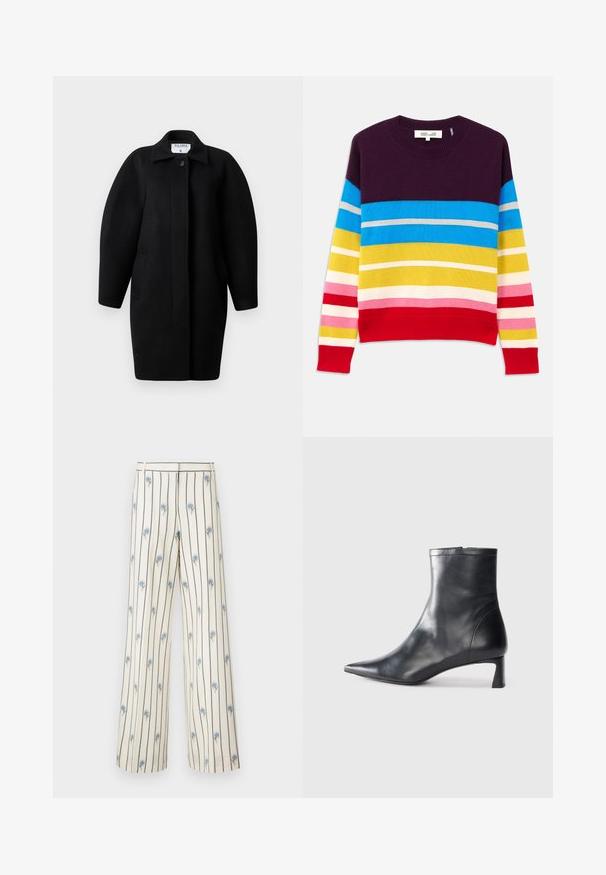 Črn volnen plašč z ovratnikom, zapiranjem na en gumb in zaobljenimi rameni. Ima dve stranski žepi in minimalističen dizajn.; Pleteni pulover z vodoravnimi črtami v vijolični, modri, rumeni, roza in rdeči barvi. Rebrast ovratnik in rob. Mehek material, sproščen dizajn.; Široke hlače iz krem tkanine z vertikalnimi temnimi črtami in majhnimi modrimi cvetličnimi vezeninami po celotni površini. Imajo prilagojen pas.; Črne usnjene gležnjarje s šiljastim nosom in elegantnim dizajnom. Imajo nizko peto in zadrgo na zadnji strani. Gladka tekstura.