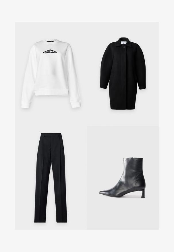 Abrigo de lana negro con un cuello con solapa, cierre de un botón y hombros redondeados. Presenta dos bolsillos laterales y un diseño minimalista.; Sudadera blanca con cuello redondo y mangas largas. Texto gráfico negro en el pecho. Tejido suave con un ajuste ligeramente recortado.; Pantalones negros de tela suave con cintura alta, piernas amplias, pliegues frontales y lazos de cinturón clásicos. No hay bolsillos laterales visibles.; Botín de cuero negro hasta el tobillo con punta afilada y un diseño elegante. Presenta un tacón bajo y un cierre con cremallera en la parte trasera. Textura suave.