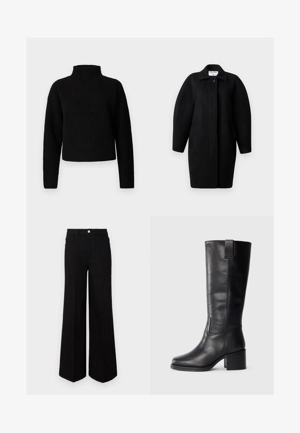 Černý vlněný kabát s límečkem, zapínáním na jeden knoflík a zaoblenými rameny. Má dvě boční kapsy a minimalistický design.; Černý pletený rolák s dlouhými rukávy a zkráceným střihem. Textura vypadá silně a pletená, bez viditelných vzorů či ozdob.; Černé široké džíny vyrobené z pevné látky, s vysokým pasem, předními kapsami a zapínáním na knoflík. Rovný lem na spodním okraji.; Černé kožené kozačky až ke kolenům s hladkým povrchem, čtveratou špičkou, širokým podpatkem a bočním poutkem, se minimalizovanými švy.