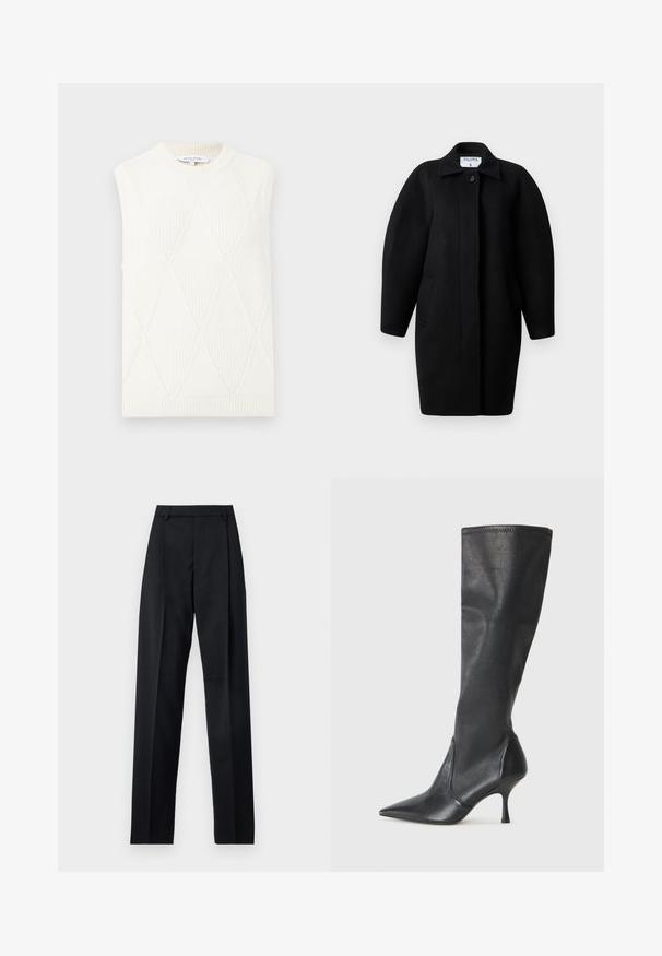 Zwarte wollen jas met een kraagneklijn, sluiting met één knop en ronde schouders. Bevat twee zijzakken en heeft een minimalistisch ontwerp.; Mouwloze witte gebreide sweatervest met een ruitpatroon en geribde ronde halslijn en zoom, gelabeld Maison Kitsuné Paris.; Zwarte broek gemaakt van gladde stof met een hoge taille, wijde benen, voorplooien en klassieke ceintuurlussen. Geen zijzakken zichtbaar.; Kniehoge zwarte leren laarzen met een spitse neus en een slanke stilettohak. Glad textuur met een aansluitend ontwerp en stiksels aan de bovenrand.