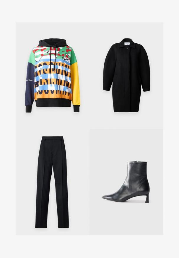 Abrigo de lana negro con un cuello con solapa, cierre de un botón y hombros redondeados. Presenta dos bolsillos laterales y un diseño minimalista.; Sudadera con capucha colorida que presenta una mezcla de patrones atrevidos en verde, rojo, azul, amarillo y negro, con texto y gráficos en contraste.; Pantalones negros de tela suave con cintura alta, piernas amplias, pliegues frontales y lazos de cinturón clásicos. No hay bolsillos laterales visibles.; Botín de cuero negro hasta el tobillo con punta afilada y un diseño elegante. Presenta un tacón bajo y un cierre con cremallera en la parte trasera. Textura suave.