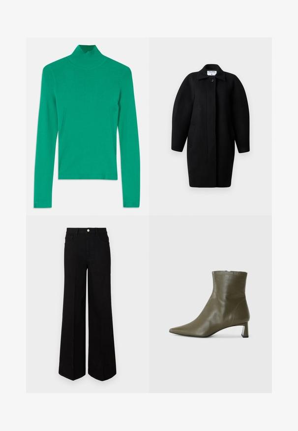 Black wool coat with a collared neckline, single-button closure, and rounded shoulders. Features two side pockets and a minimalist design.; Green turtleneck sweater made of ribbed knit fabric, featuring long sleeves and subtle side seam detailing for a sleek, fitted appearance.; Black wide-leg jeans made of sturdy fabric, featuring a high waist, front pockets, and a front button closure. Flat hem at the bottom.; Olive-green leather ankle boot with a pointed toe and 4 cm block heel; smooth texture and minimalist design with a zipper closure.