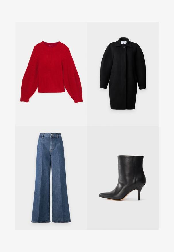 Schwarzer Wollmantel mit Kragen, einreihigem Knopfverschluss und abgerundeten Schultern. Verfügt über zwei Seitentaschen und ein minimalistisches Design.; Roter Strickpullover mit Rippstruktur, Rundhalsauschnitt und voluminösen Ballonärmeln. Kurze Länge mit einem eng anliegenden Rippabschluss.; Weite blaue Jeans mit hoher Taille, im klassischen Five-Pocket-Stil und mit Knopfverschluss, aus strukturierter Baumwollstoff gefertigt.; Schwarze Leder-Ankle Boots mit spitzem Zeh, schlankem Stiletto-Absatz und glatter Textur. Minimalistisches Design ohne sichtbare Beschläge oder Akzente.