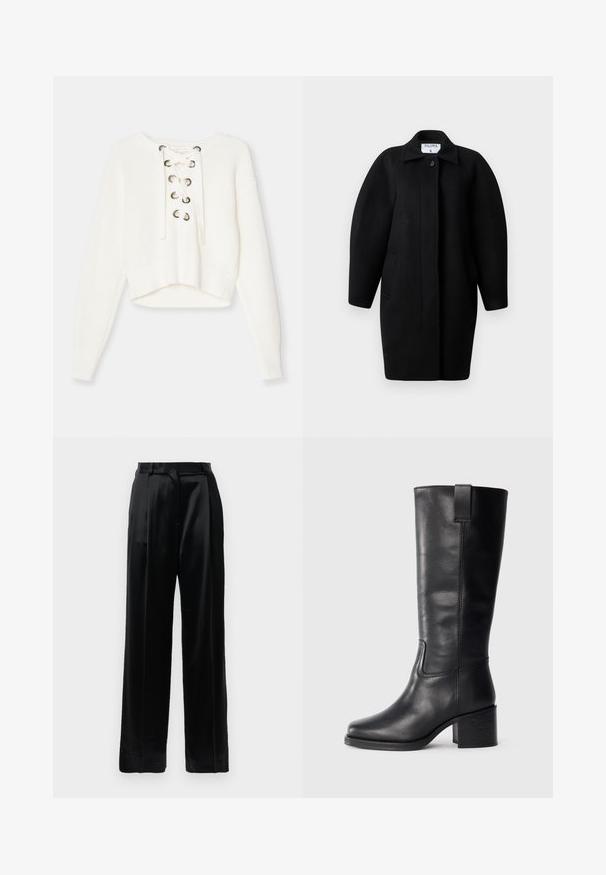 Melnas vilnas mētelis ar apkakles dekoltē, vienu pogu aizdari un noapaļotām plecu līnijām. Satur divas sānu kabatas un minimālistisku dizainu.; Balts īsais džemperis izgatavots no ribotā adījuma. Tam ir šņorēšanas priekša ar metāla acīm. Garas piedurknes un plata ribota apakšmala.; Melnas augstās vidukļa satīna bikses ar taisnām platiem kājām, jostu cilpām un plakanu priekšējo aizdari uz viendabīga balta fona.; Melnas ādas augstas līdz ceļgaliem zābaki ar gludu tekstūru, kvadrātveida purngaliem, blokveida papēdi un sānu cilpu, ar minimālām šuvju detaļām.