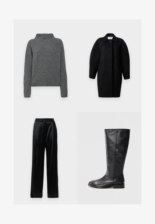 Mustahiilane villakate, millel on kraega kaelus, ühekohaline kinnihoiatus ja ümmargused õlarakmed. Omab kahte küljetaskut ja minimalistlikku disaini.; Filippa K MIKA BRAID SWEATER - Neule - mid grey m; Mustat korkeavyötäröiset satiinihousut, joissa on suorat leveät lahkeet, vyölenkit ja litteä etulukko vaalean valkoista taustaa vasten.; Mustat polvipituiset nahkasaappaat, joissa on matala korko ja pyöristetty kärki, esittelee ompeluyksityiskohtia varressa ja vaaleasti.