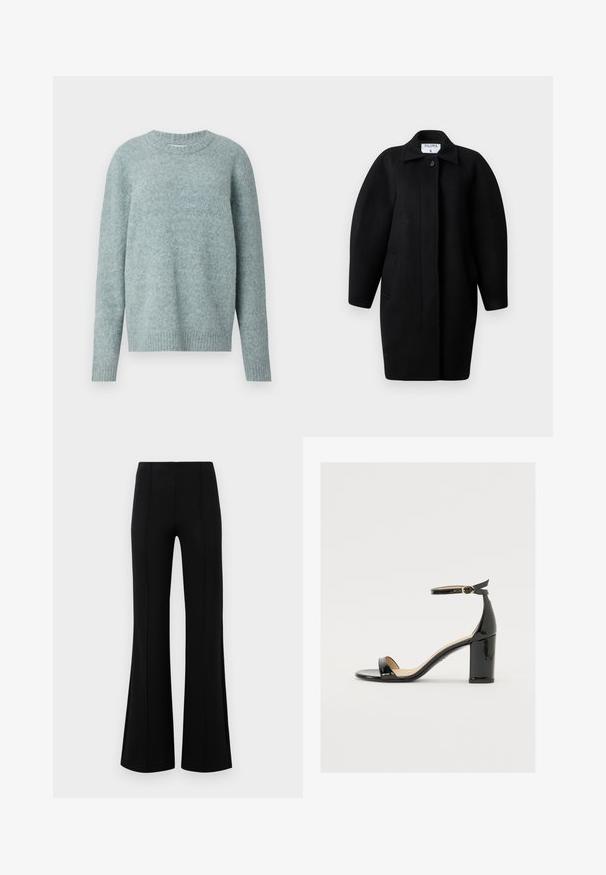 Schwarzer Wollmantel mit Kragen, einreihigem Knopfverschluss und abgerundeten Schultern. Verfügt über zwei Seitentaschen und ein minimalistisches Design.; Hellblauer Wollpullover mit rundem Halsausschnitt und langen Ärmeln. Rippbündchen und -saum, mit einer weichen Textur und einem minimalistischen Design.; Schwarze Schlaghose mit hoher Taille, aus dehnbarem Material. Mit vertikalen Nahtdetails auf der Vorderseite und einer glatten Textur.; Schwarze Lackleder-Sandalette mit weitem Absatz, offener Zehenpartie und Knöchelriemen mit goldener Schnalle. Glatte Textur und elegantes Design.