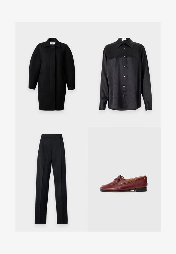 Zwarte wollen jas met een kraagneklijn, sluiting met één knop en ronde schouders. Bevat twee zijzakken en heeft een minimalistisch ontwerp.; Zwarte blouse met lange mouwen en een kraag, voorzien van een gekreukt oppervlak, volwaardige knopen aan de voorkant en manchetten. Gemaakt van een gladde stof.; Zwarte broek gemaakt van gladde stof met een hoge taille, wijde benen, voorplooien en klassieke ceintuurlussen. Geen zijzakken zichtbaar.; Bordeaux leren boot schoenen met een ronde neus, vetersluiting, gouden oogjes en een lage zwarte zool. Gladde textuur met stiksels.