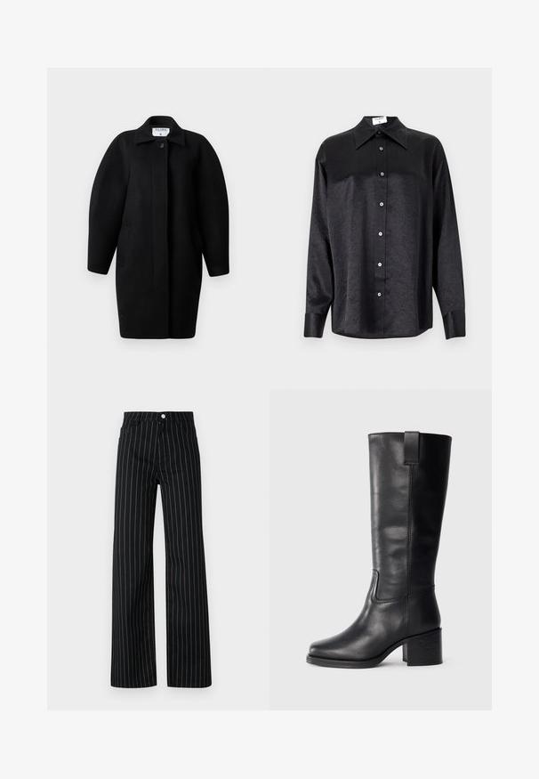 Juodas vilnonis paltas su apykakle, vieno mygtuko užsegimu ir apvaliais pečiais. Yra du šoniniai kišeniai ir minimalistinis dizainas.; Juodas ilgarankovis marškinis su apykakle, turintis plėšyta tekstūra, visiško mygtukų uždarymo priekyje ir rankogaliais. Pagamintas iš lygaus audinio.; Juodos plačios kelnės su vertikaliomis mėlynomis juostelėmis, su klasikiniu penkių kišenių dizainu ir priekiniais mygtukais.; Juodos odinės iki kelių siekiančios botai su lygiu paviršiumi, kvadratiniu pirštu, storu kulnu ir šoniniu kilputė, su minimaliais siuvimo akcentais.