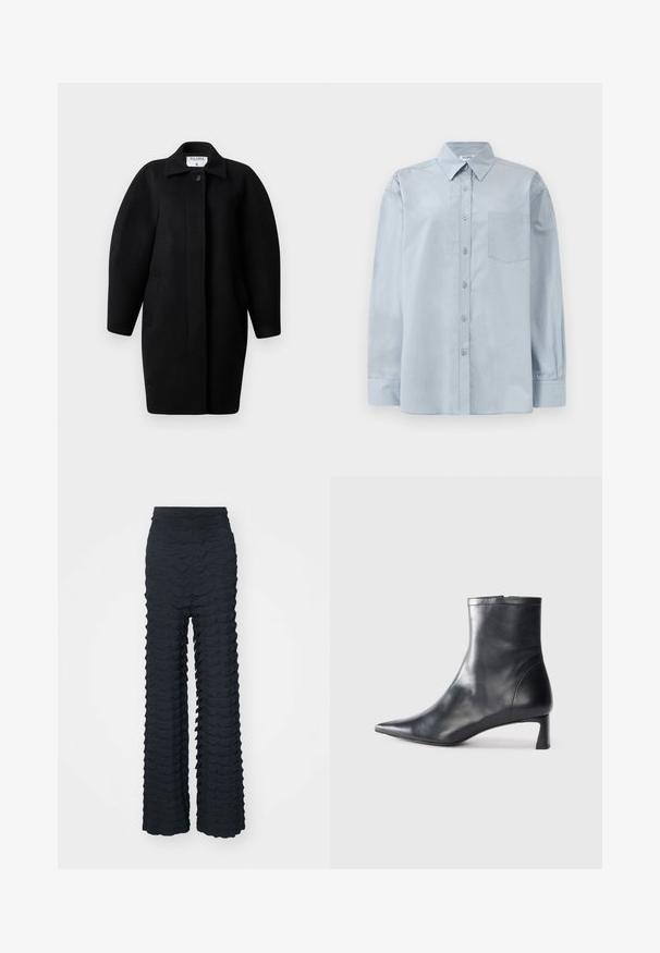 Mustahiilane villakate, millel on kraega kaelus, ühekohaline kinnihoiatus ja ümmargused õlarakmed. Omab kahte küljetaskut ja minimalistlikku disaini.; Vaaleansininen pitkähihainen napillinen paita, jossa on terävä kaulus ja rintatasku, tasaisena valkoista taustaa vasten.; Laihkohdehousut tummanharmaasta kankaasta, jossa on aaltoileva tekstuurinen kuvio, korkea vyötärö ja sileä pinta, sekä muotoiltu rakenne.; Musta nahkainen nilkkabotti, jossa on teräväkärkinen muotoilu ja tyylikäs design. Varusteena matala korko ja takana vetoketjukiinnitys. Sileä pinta.