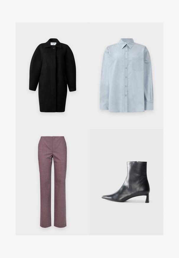 Black wool coat with a collared neckline, single-button closure, and rounded shoulders. Features two side pockets and a minimalist design.; Light blue long-sleeve button-up shirt with pointed collar and chest pocket, laid flat on a white background.; Purple straight-leg trousers with a subtle pinstripe pattern, featuring a smooth texture and a fitted waistband. No visible pockets.; Black leather ankle boot with a pointed toe and a sleek design. Features a low heel and a zipper closure at the back. Smooth texture.